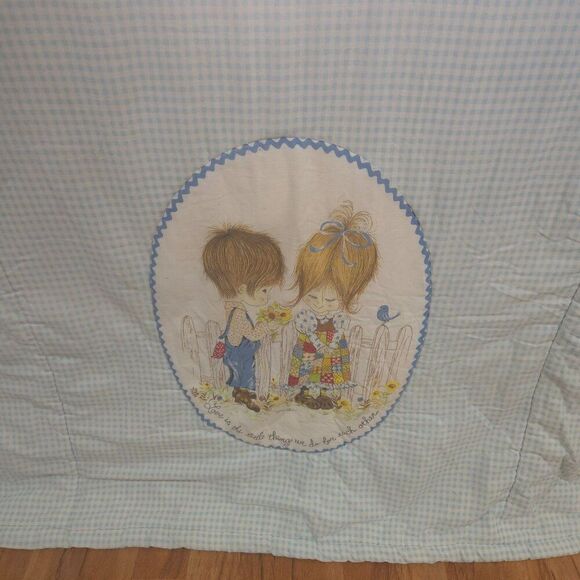 Vintage 70s Petticoats and Pantaloons Blue Gingham Quilt Comforter Full Size - Picture 2 of 5